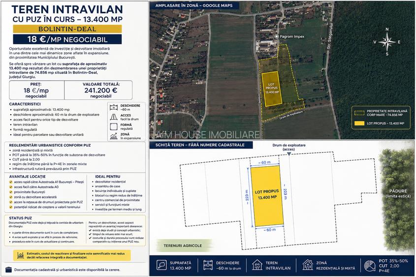Teren intravilan 13.400 mp | PUZ în curs | Deschidere 223 m | Bolintin-Deal - 2