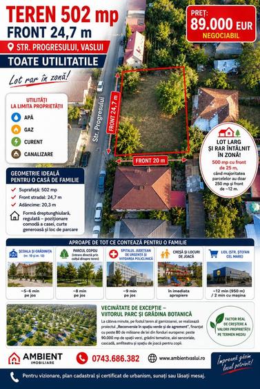 TEREN in ORAS — zona COPOU, str. Progresului - 502 mp, deschidere 25 m, VASLUI