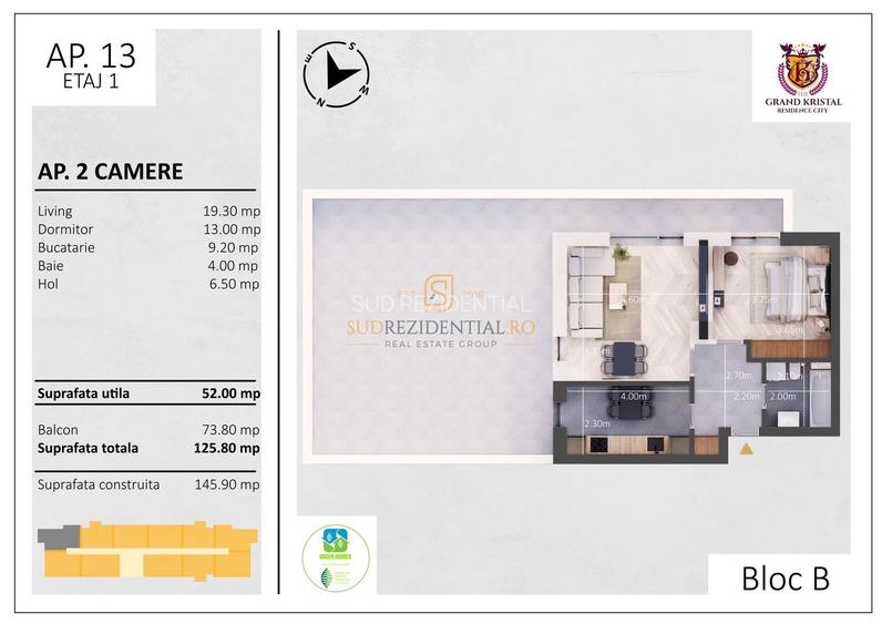 Apartament in bloc nou -2 camere, terasa 74mp, zona Rond Metro Berceni - 1