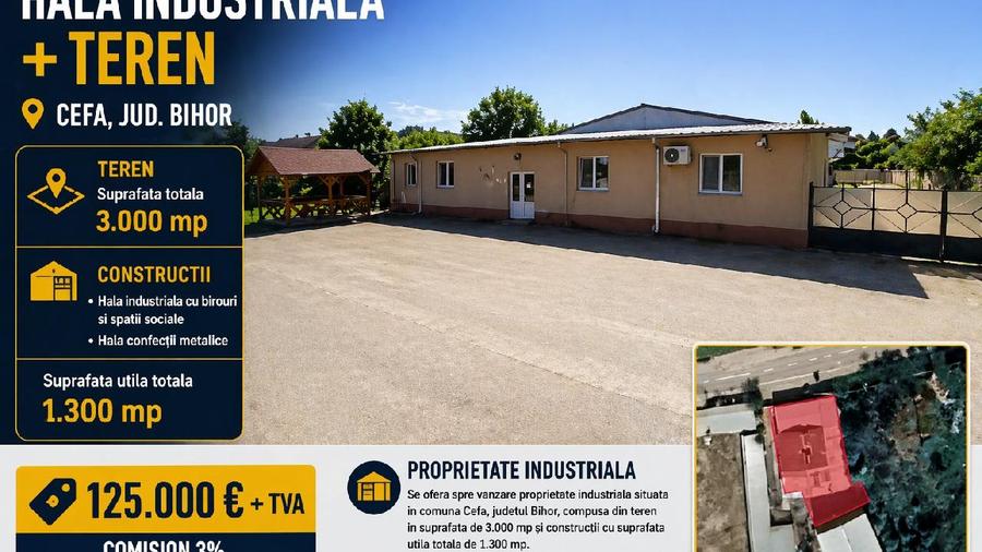 Hala industriala 1300 mp + teren 3000 mp| Cefa, Bihor