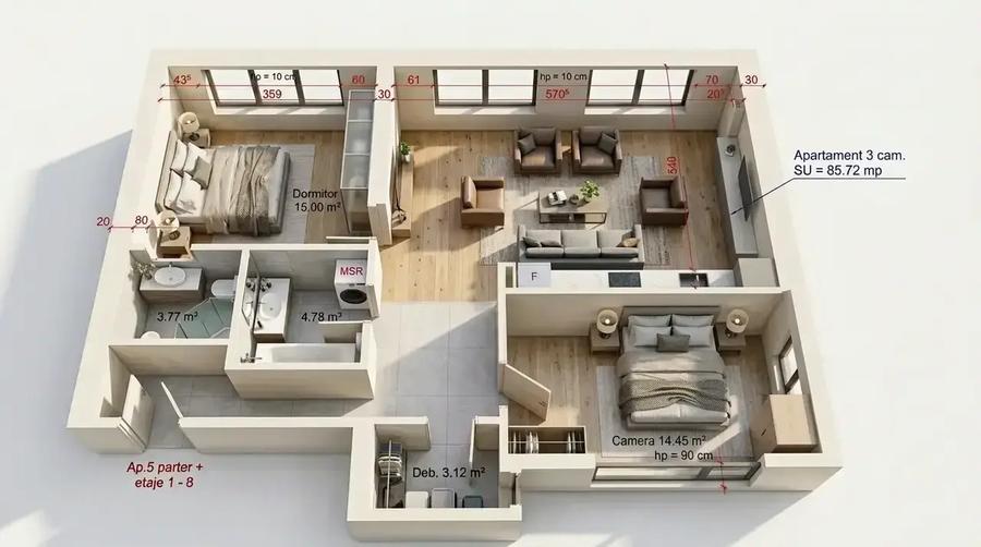 3 Camere Premium | 80mp | 2 Băi | Finisaje la Alegere