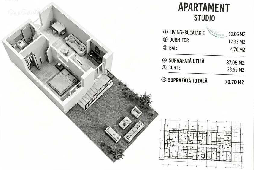 Apartament 2 camere/curte proprie de 34 mp/Metrou Dimitrie Leonida