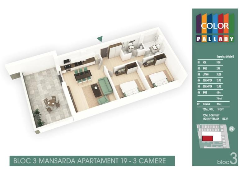 Apartament 3 cam.FINALIZAT+TERASA - Color Pallady , metrou 900 m