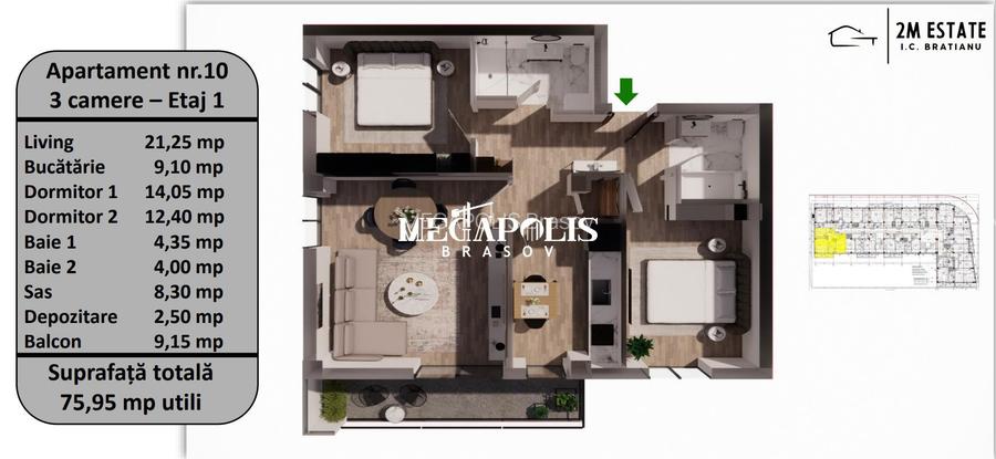 Apartament 3 Camere | 74 MP Utili | Tractorul | Bloc Finisat - 3