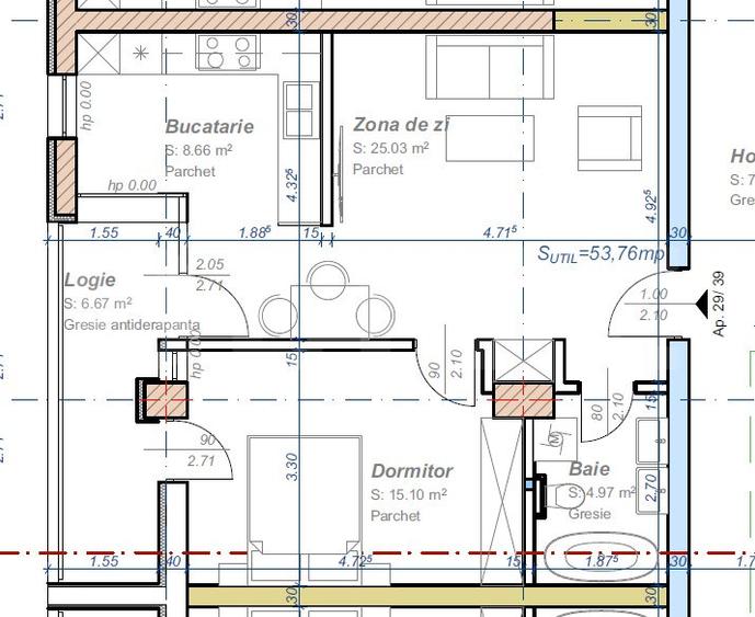 Apartament cu 2 camere, semidecomandat, 53 mp utili, logie 6,67, zona Aradului