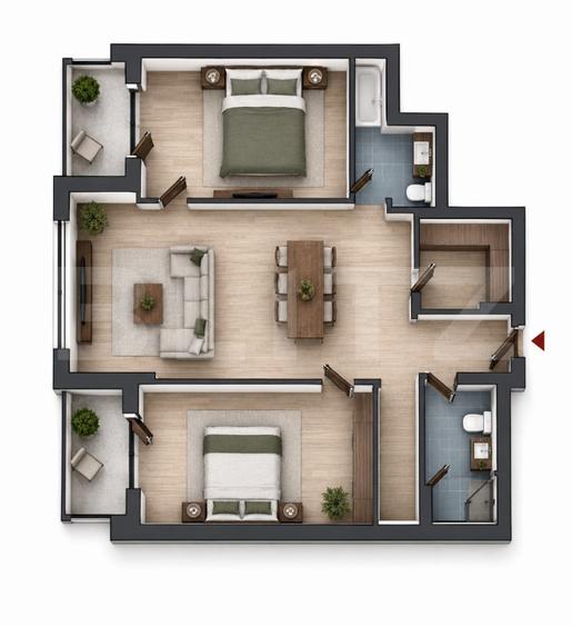 Apartament 3 camere, 82.30 mp, 2 bai, 2 balcone, CF, parcare, boxa, Zona Vivo