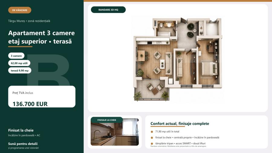 Apartament Nou Cu 3 Camere La Etaj Superior | 71,90 Mp | Târgu Mureș