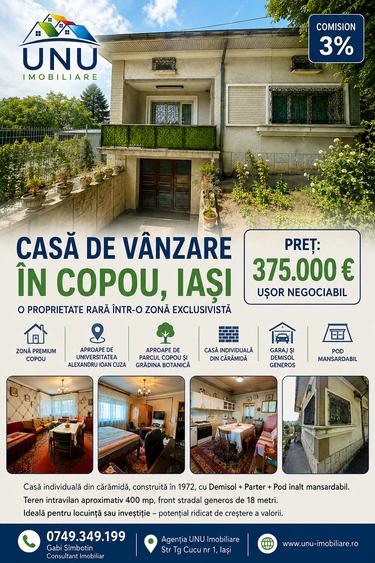 Vilă 200mp Copou Iași 5 camere, garaj, pod mansardabil D+P+Pod, Teren 400 mp, Garaj, Investiție