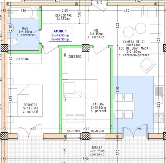 Apartament 3 camere  Etaj 1 cu lift  terasa 12mp