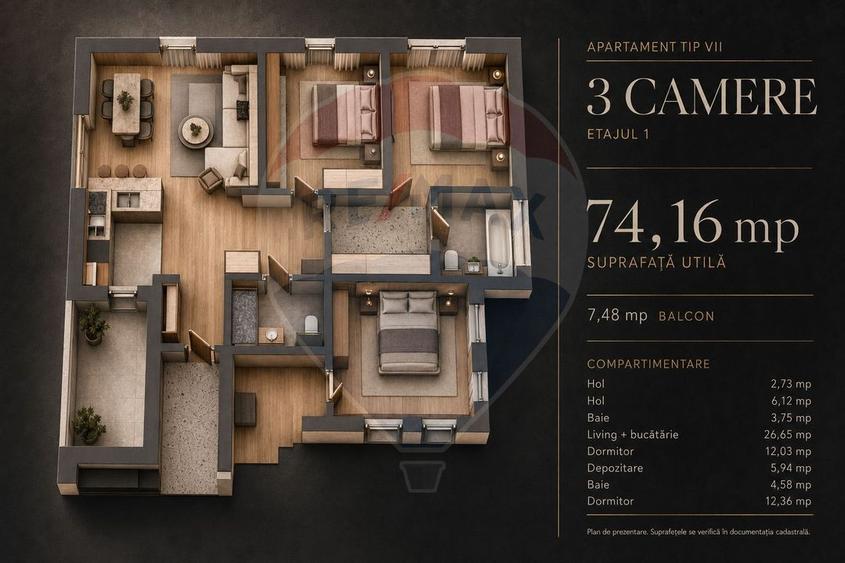 Apartament 3 camere, 74,16 mp utili, 2 băi + balcon | Tractorul