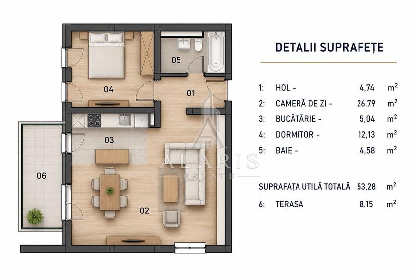 Apartament cu 2 camere, open space, in Braytim