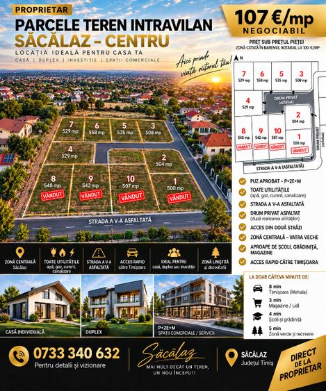 PROPRIETAR VÂND PARCELE TEREN INTRAVILAN SĂCĂLAZ CENTRU  DE LA 500 MP