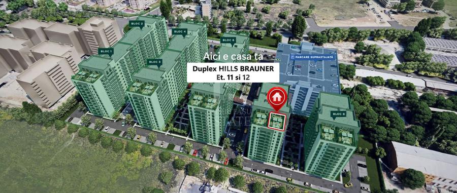 Duplex 4 camere | 126 mp+terasă 90 mp | Etaj 11–12 | Hills Brauner
