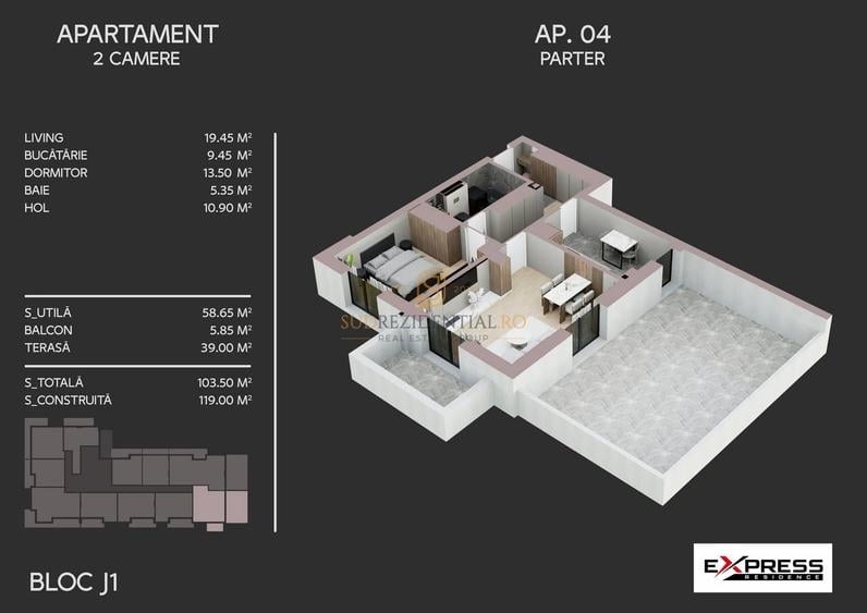 Apartament decomandat cu 2 camere, terasa 39 mp, Express Metalurgiei