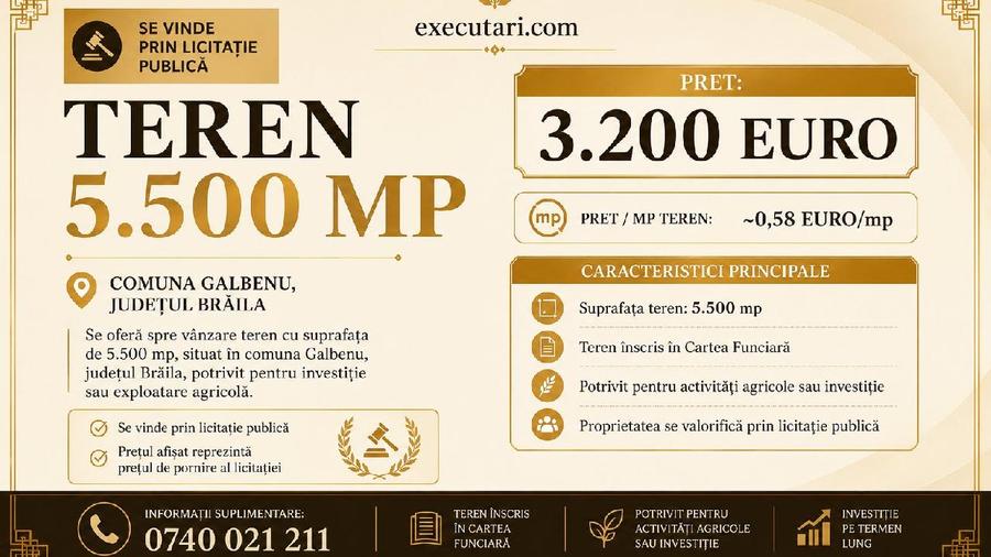 Teren extravilan - 5.500 mp, Comuna Galbenu - Jud. Braila