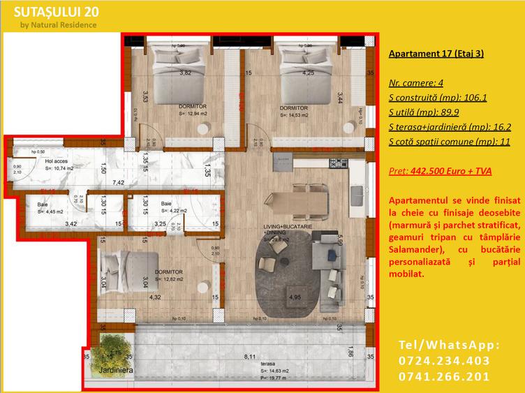 Apartament 4 camere cu terasă generoasă de 16mp - DEZVOLTATOR