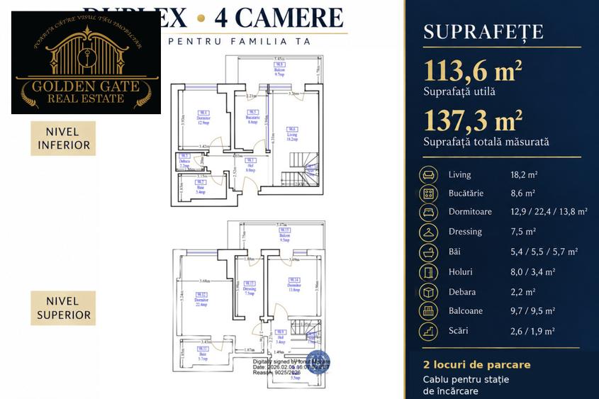 Duplex 4 camere | 137,3 m² total | Mobilat și utilat | 3 băi | 2 X Parcare