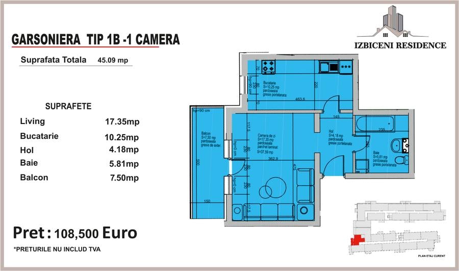 Garsoniera TIP B in complex Izbiceni Residence
