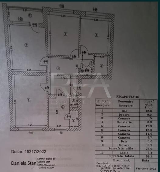 4 camere decomandat, 78 mp, etaj 1/4, boxă 10 mp – proiect renovare
