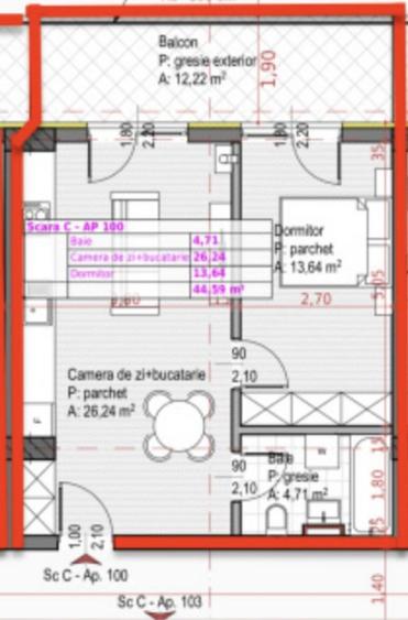 Apartament cu 2 camere, 44,59 mp, semifinisat, balcon 12 mp, Zona Soporului