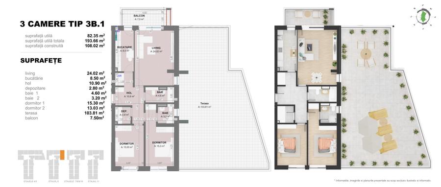 Apartament 3 Camere TIP 3B1 in Complex Doi Cocosi Residence