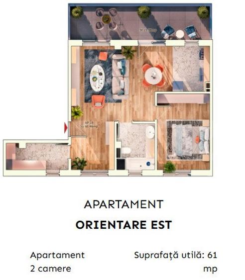 Apartament 2 camere semidecomandate, 52 mp, 9.30mp balcon, parcare subterana