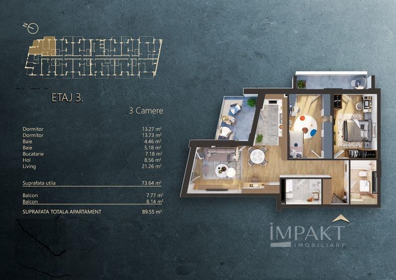 Apartament semideomandat cu 3 camere, cu certificare nZeb, in cartierul Iris