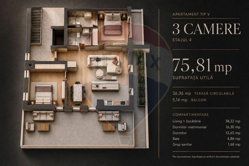 Apartament 3 camere, 75,81 mp, terasă și balcon | Tractorul