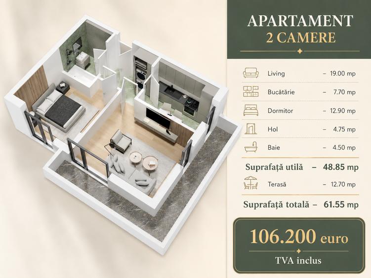 Apartament 2 camere, terasă 13 mp – Drumul Fermei, Popești Leordeni, 0% comision