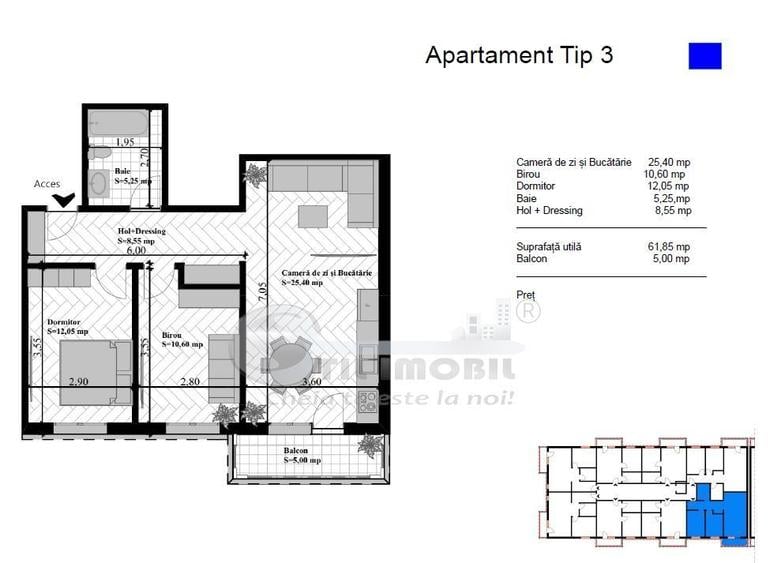 Apartament 3 camere 67mp