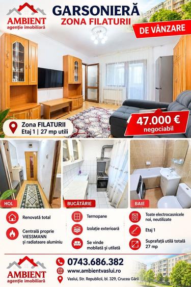 Apartament cu 1 cameră, etaj 1, mobilat și utilat, VASLUI - zona FILATURII;