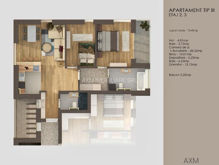 Apartament 3 camere 70 mp + balcon 5 mp Tractorul / Coresi - 3