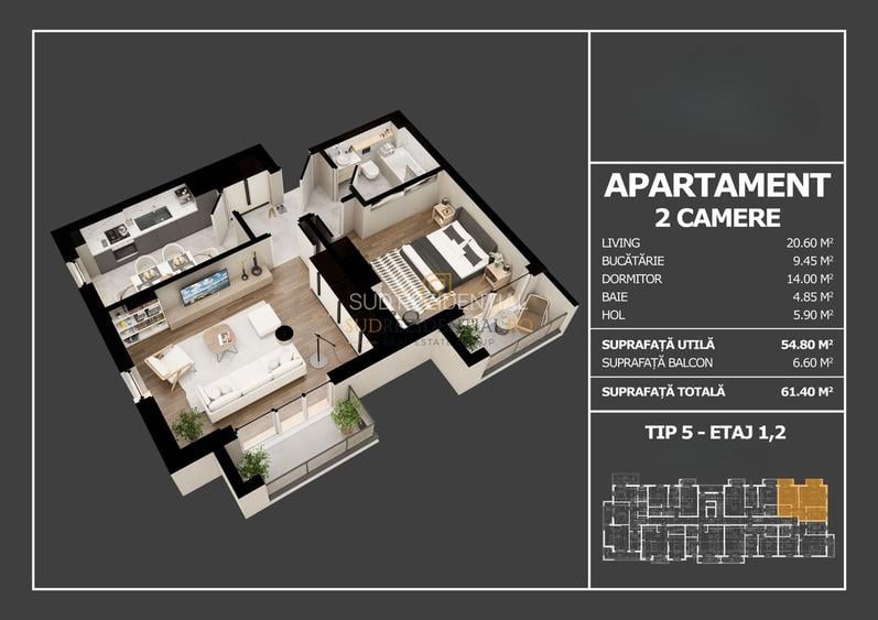 Apartament cu 2 camere, decomandat, 61.4 mp, Popesti, acces metrou - 1