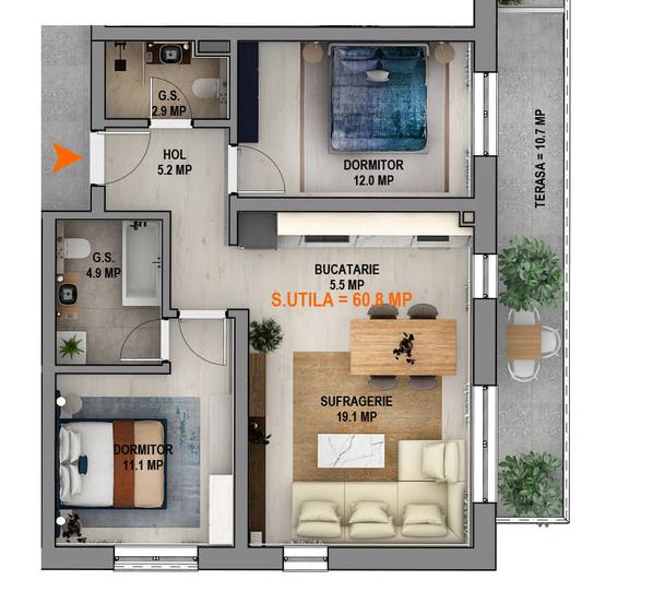 Apartament la cheie 61 mp utili, balcon 6mp, Calea Surii Mici-Magnolia