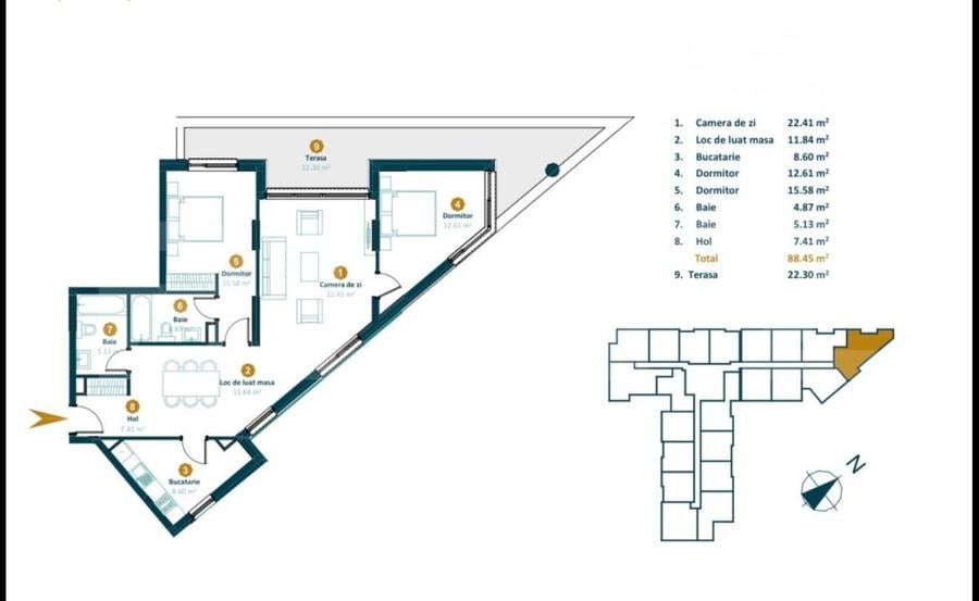 Apartament 3 camere, 88,2 mp, bloc nou cu CF, terasa 30,3 mp, Intre Lacuri - 2