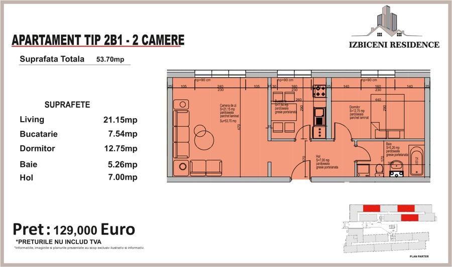 Apartament 2 Camere TIP 2B1 in complex Izbiceni Residence