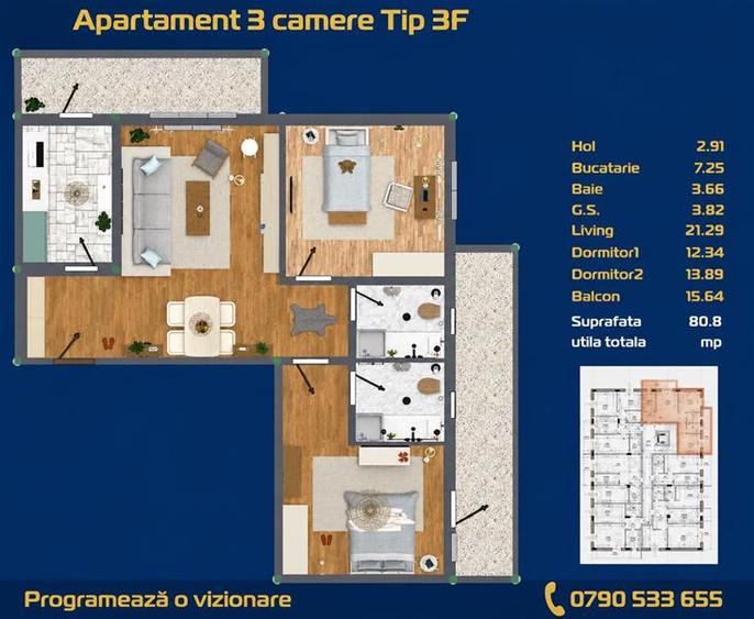 Apartament 3 camere zona C5 in BLOC NOU