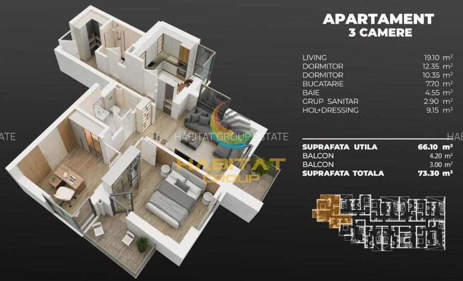 Apartament 3 camere bloc nou la 3 minute de metrou - 3