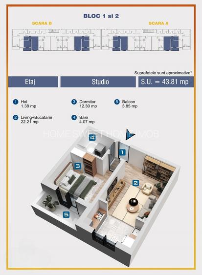Studio 43.81 mp cu dormitor separat langa Chiajna Shopping Center bloc nou - 1