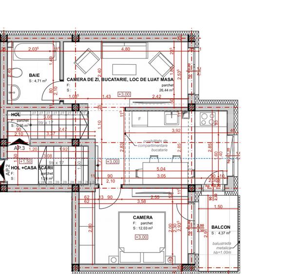 Apartament semifinisat, cu 2 camere, 44mp, balcon, in Apahida