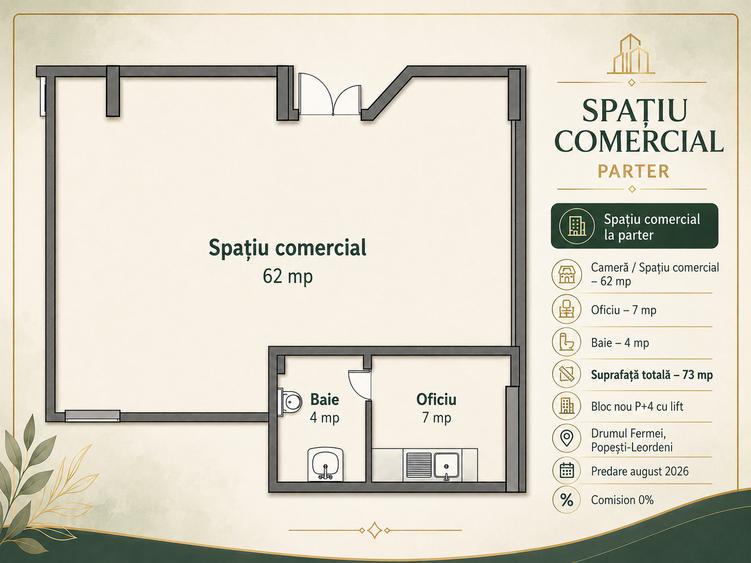 Spațiu comercial 73 mp, parter – Drumul Fermei, Popești-Leordeni | 0% comision