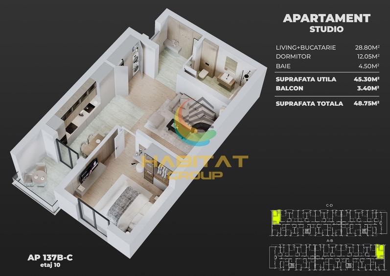 Apartament tip studio 2 camere in Popesti Leordeni (ap 137)