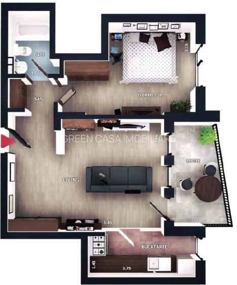 Apartament 2 camere, 45,5mp, balcon, zona Vivo, Floresti