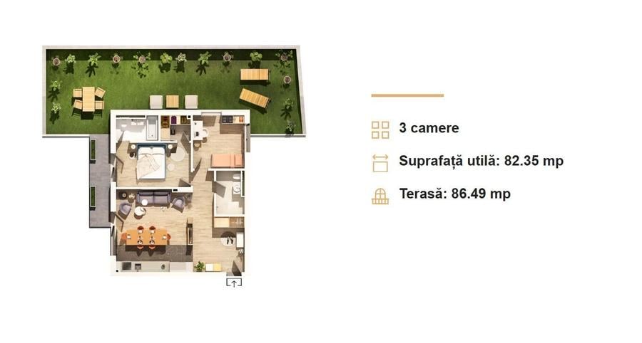 Apartament 3 camere cu terasa de 86 m2 in apropiere de parcul Central