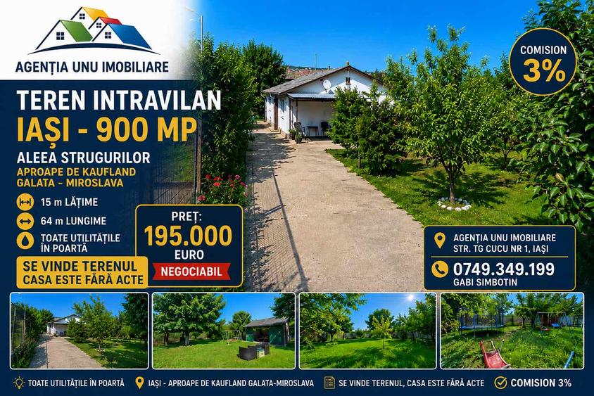 Teren intravilan 900 mp Iași Aleea Strugurilor, aproape de Kaufland Galata – Miroslava, 15 m deschidere, Toate utilitățile