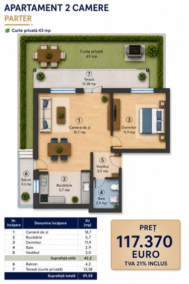 Apartament 2 camere cu gradina Otopeni, bloc arhitectura unica
