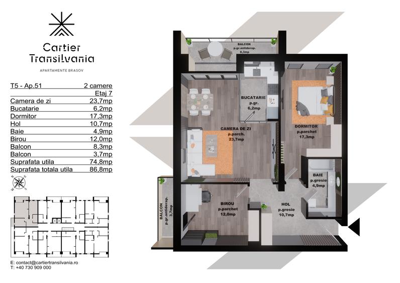 CARTIER TRANSILVANIA,APARTAMENT 2 CAMERE +BIROU FATADA VENTILATA