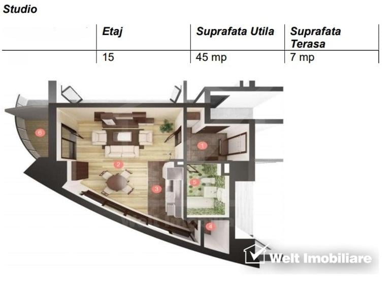Apartament tip studio, cu priveliste asupra orasului