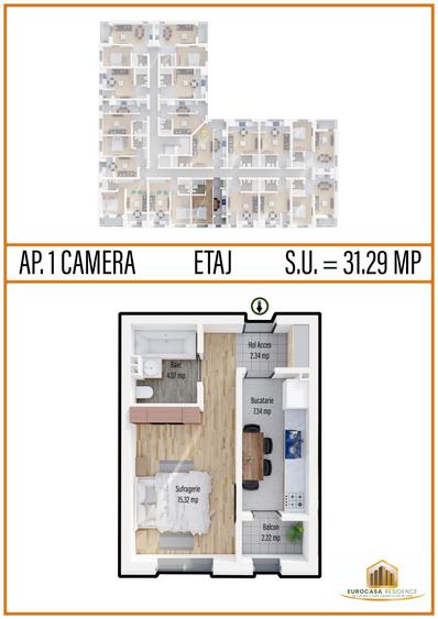 Garsoniera de vanzare, decomandata, complex Eurocasa Residence, comision 0%