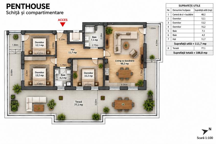 Penthouse modern cu 4 camere si terasa de 77 mp de vanzare